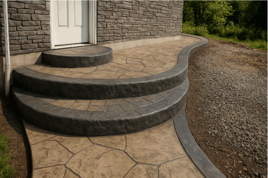 Decorative cement steps with custom engraving and textured finish.